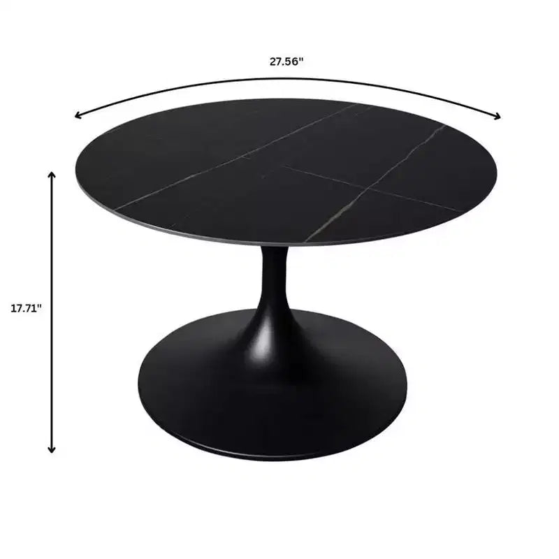 LeisureMod Verve 27 Round Coffee Table - Sintered Stone Top and Modern Black Steel Pedestal Base Accent Table for Contemporary Living Room