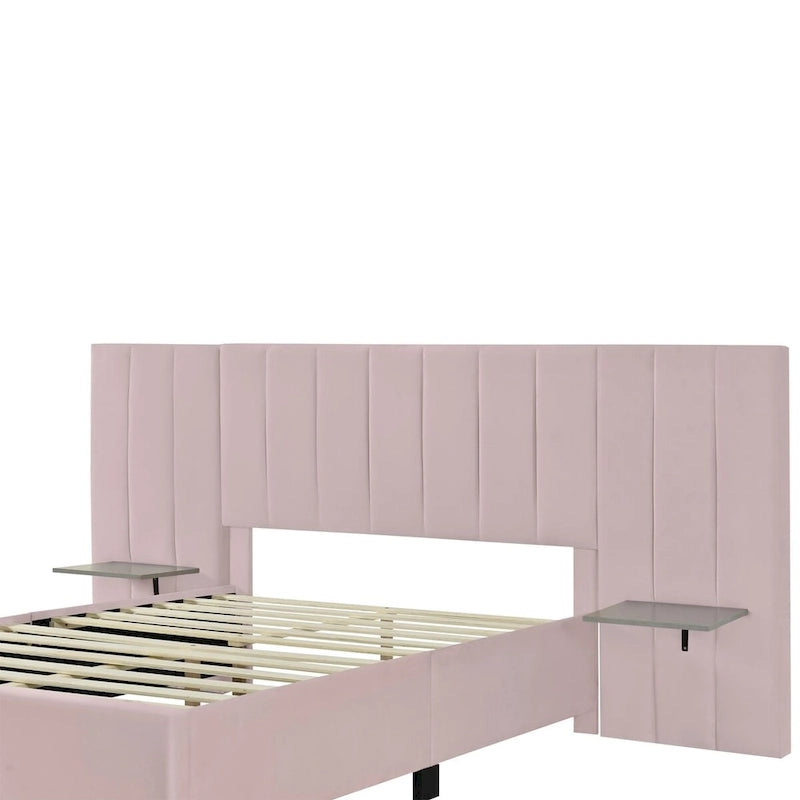 Full Size Velvet Upholstered Platform Bed with Big Headboard, Bedroom Furniture