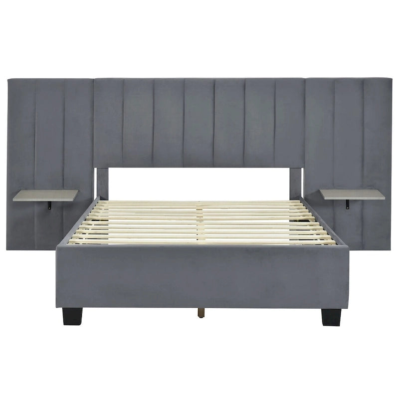 Full Size Velvet Upholstered Platform Bed with Big Headboard, Bedroom Furniture