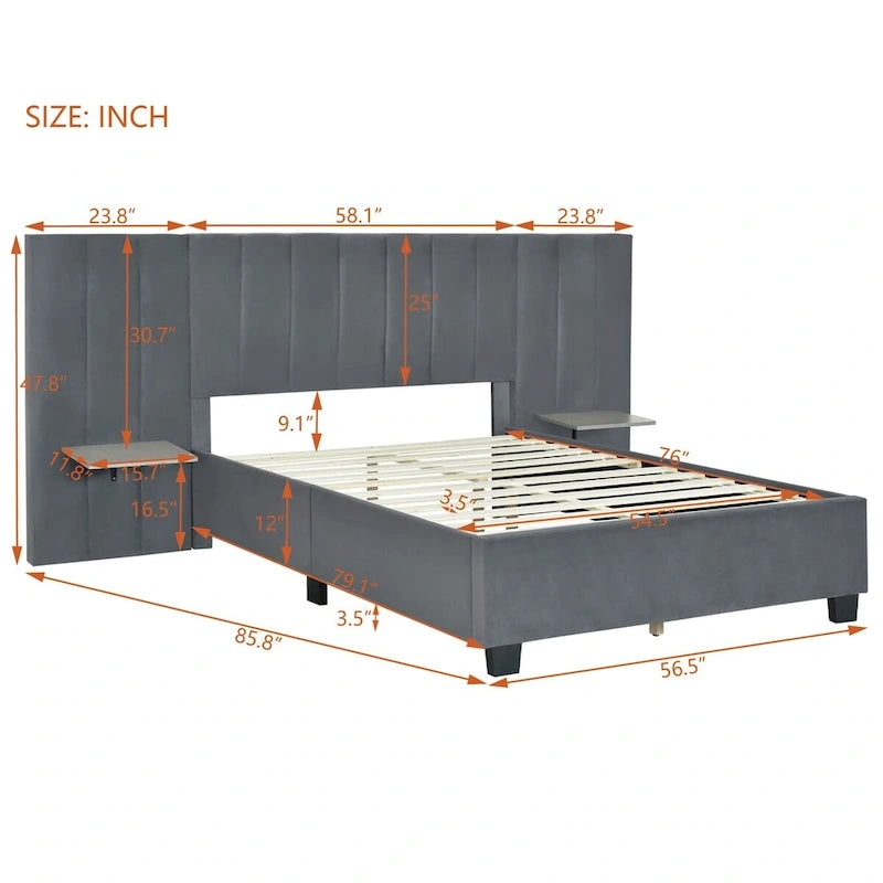Full Size Velvet Upholstered Platform Bed with Big Headboard, Bedroom Furniture