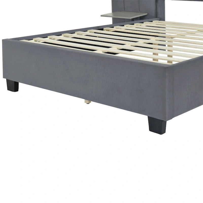 Full Size Velvet Upholstered Platform Bed with Big Headboard, Bedroom Furniture