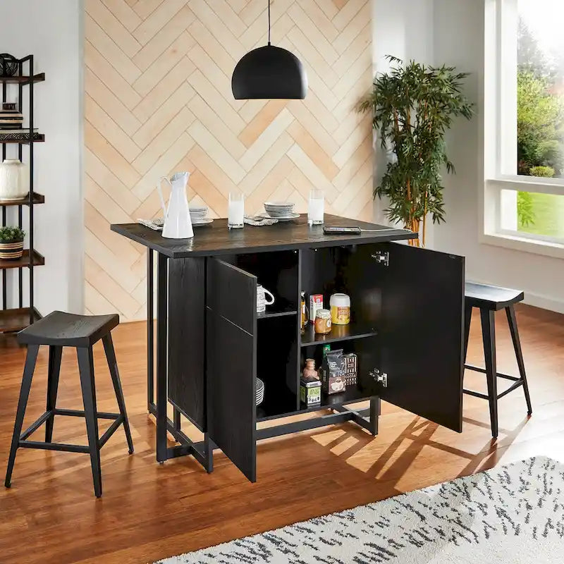 Oyala Black Finish 2-door Kitchen Island with Power and USB outlets and 2 Stools by iNSPIRE Q Modern