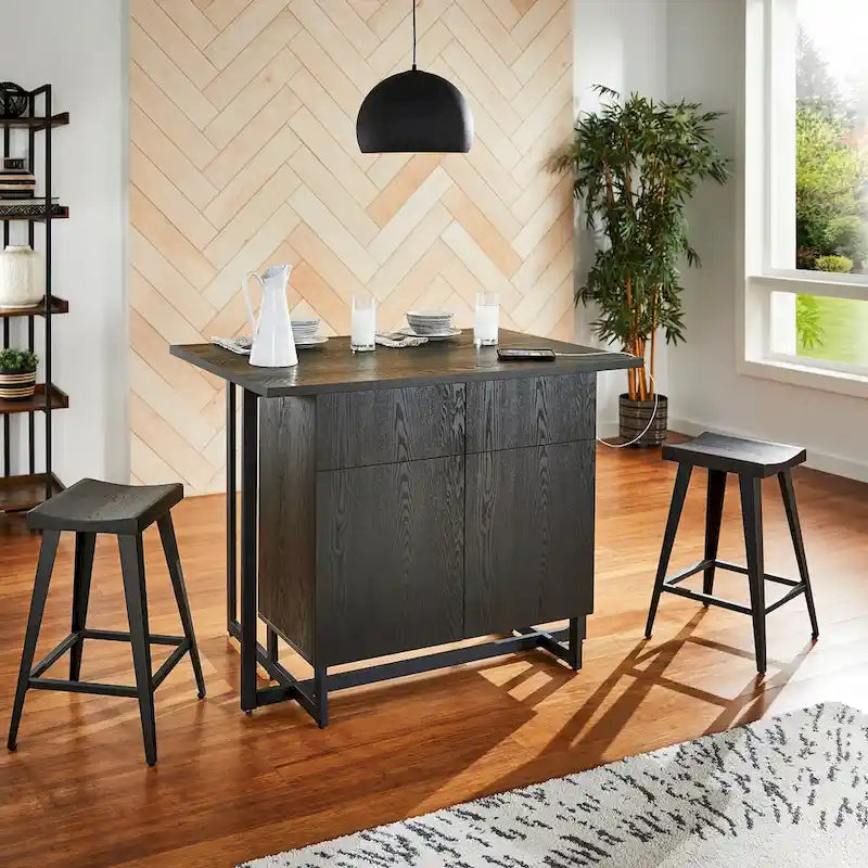 Oyala Black Finish 2-door Kitchen Island with Power and USB outlets and 2 Stools by iNSPIRE Q Modern