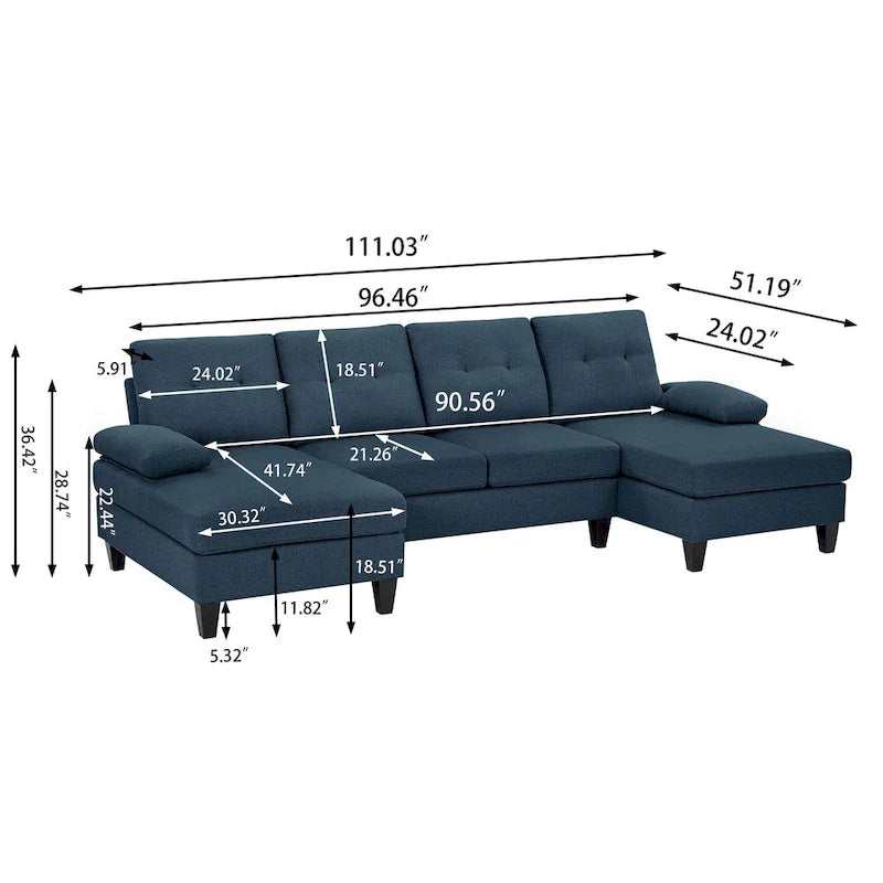 4 Seat U Shaped Sectional Sofa Couch with Double Chaise for Living Room