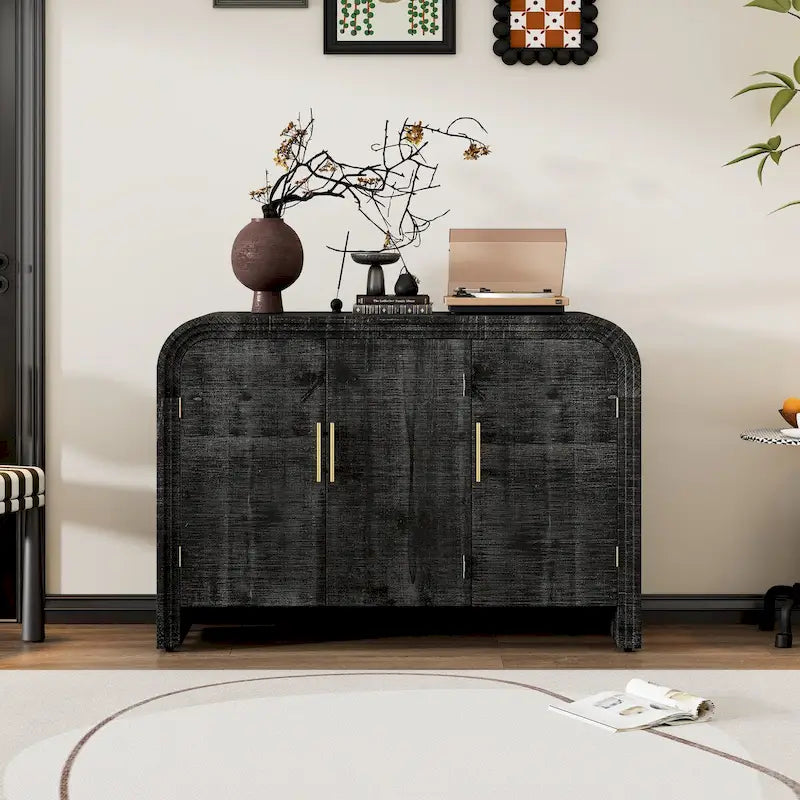 Retro Minimalist Curved Sideboard with Gold Handles - N/A