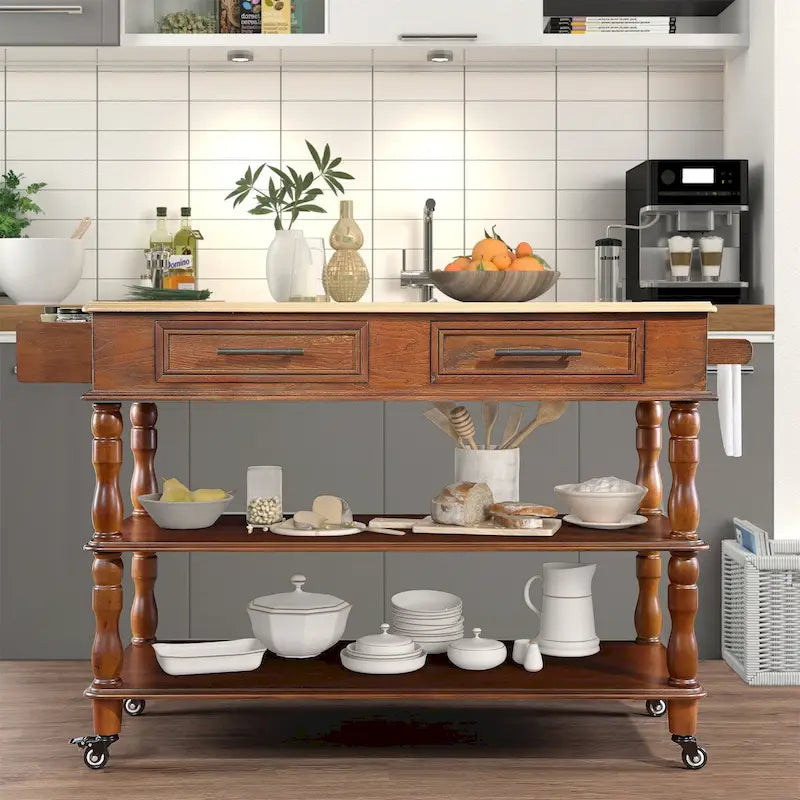 Rolling Kitchen Island with Storage, Wheels, Wine and Spice Rack