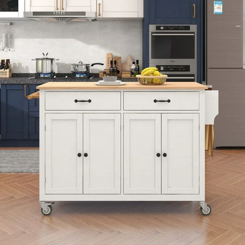 Solid Wood Top Kitchen Island Cart with Locking Wheels,2 Drawers,Towel Rack
