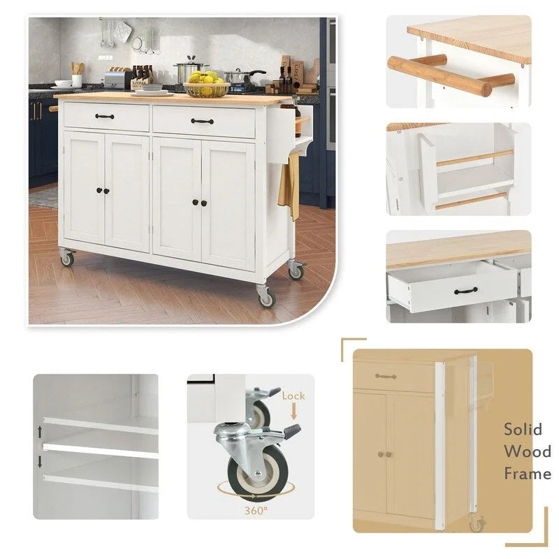 Solid Wood Top Kitchen Island Cart with Locking Wheels,2 Drawers,Towel Rack