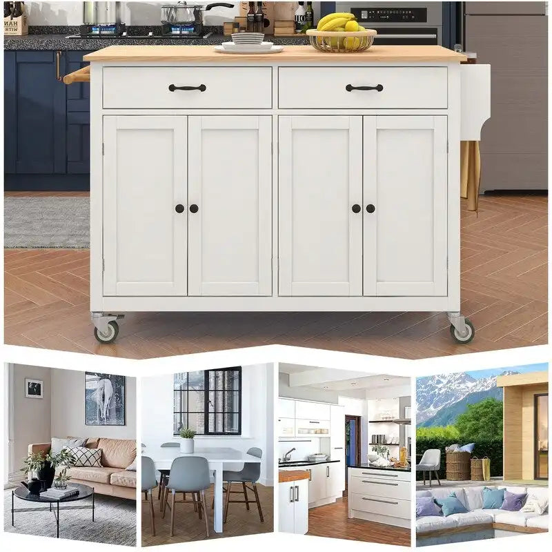 Solid Wood Top Kitchen Island Cart with Locking Wheels,2 Drawers,Towel Rack