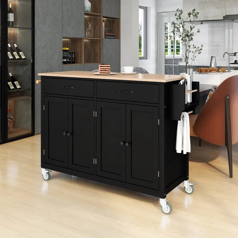 Solid Wood Top Kitchen Island Cart with Locking Wheels,2 Drawers,Towel Rack