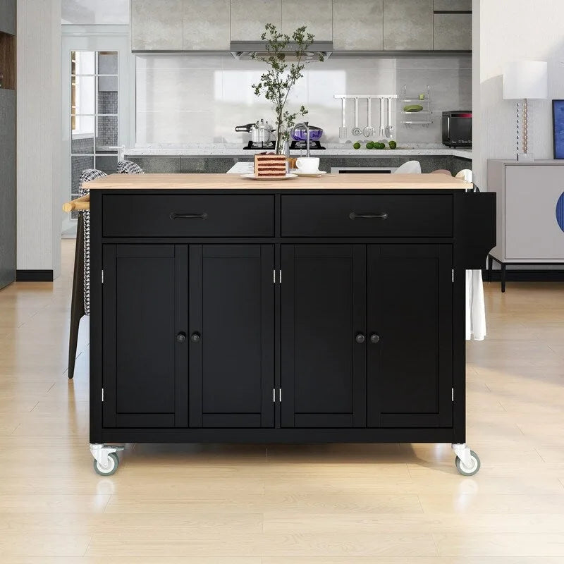 Solid Wood Top Kitchen Island Cart with Locking Wheels,2 Drawers,Towel Rack