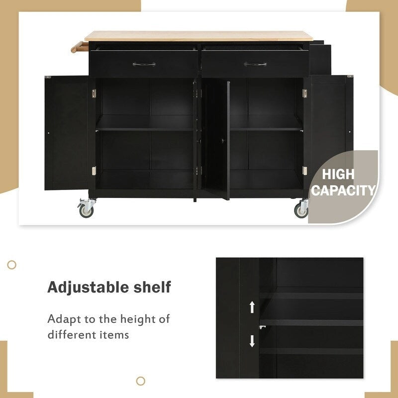 Solid Wood Top Kitchen Island Cart with Locking Wheels,2 Drawers,Towel Rack