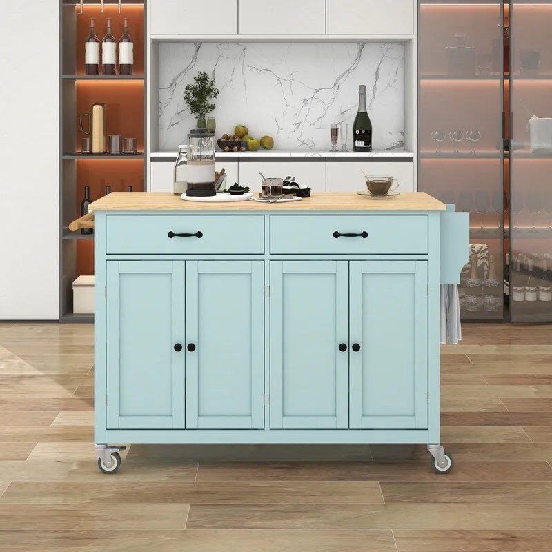 Solid Wood Top Kitchen Island Cart with Locking Wheels,2 Drawers,Towel Rack