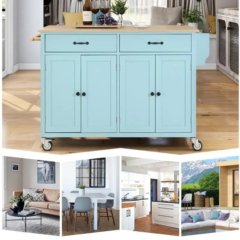 Solid Wood Top Kitchen Island Cart with Locking Wheels,2 Drawers,Towel Rack