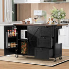 54.5 Farmhouse Kitchen Island with Power Outlet, Internal Storage Rack, Drop-Leaf Tabletop, Spice Rack, Rolling Cart On Wheels