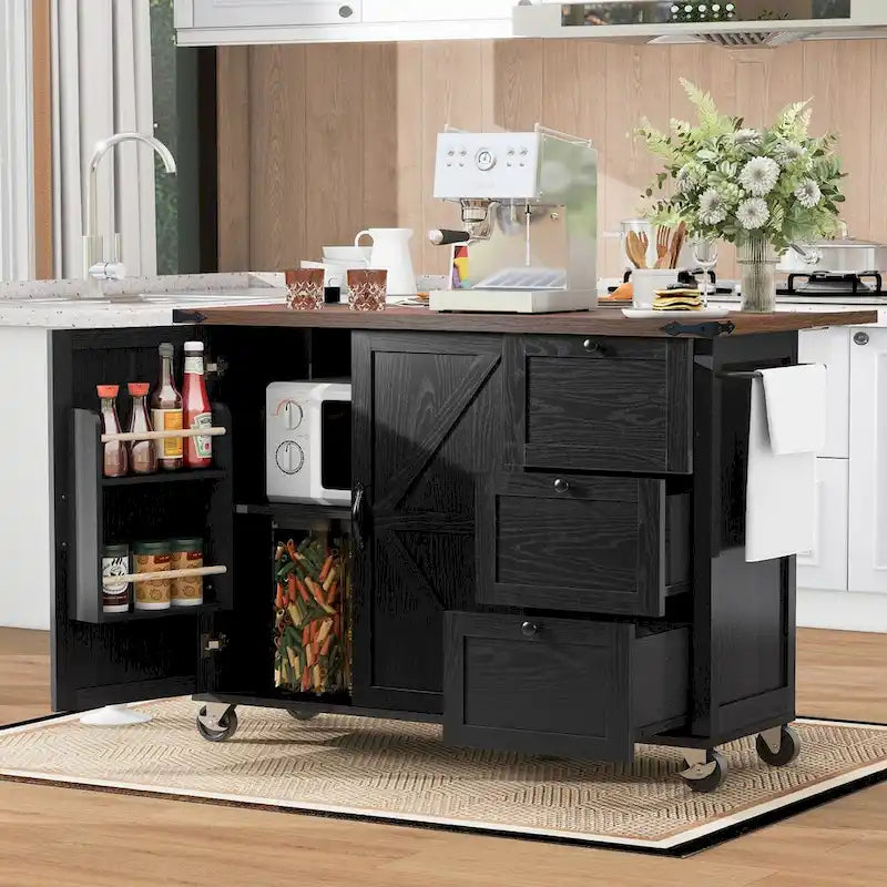 54.5 Farmhouse Kitchen Island with Power Outlet, Internal Storage Rack, Drop-Leaf Tabletop, Spice Rack, Rolling Cart On Wheels