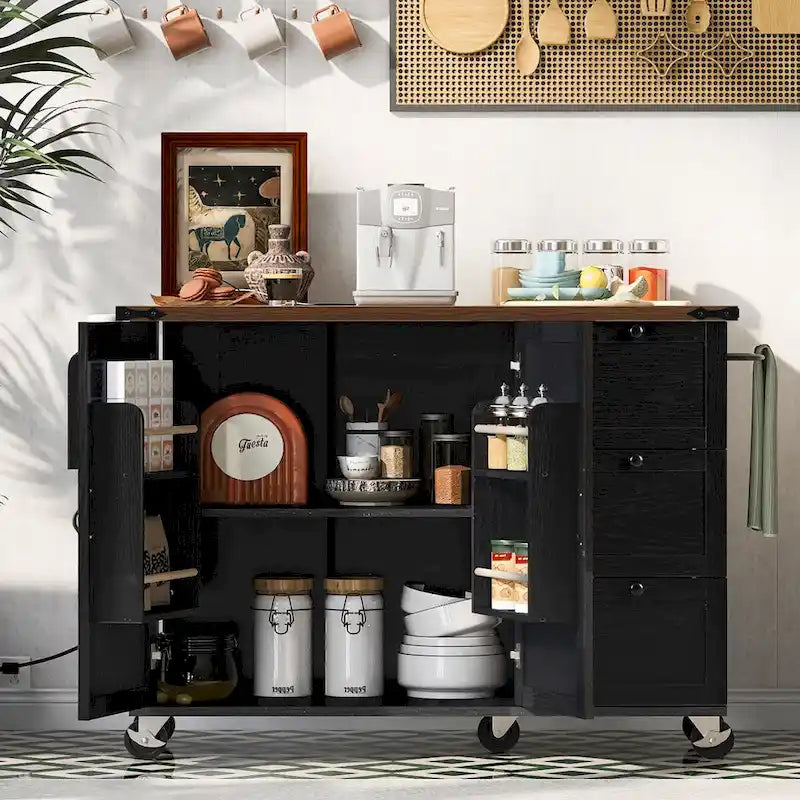 54.5 Farmhouse Kitchen Island with Power Outlet, Internal Storage Rack, Drop-Leaf Tabletop, Spice Rack, Rolling Cart On Wheels