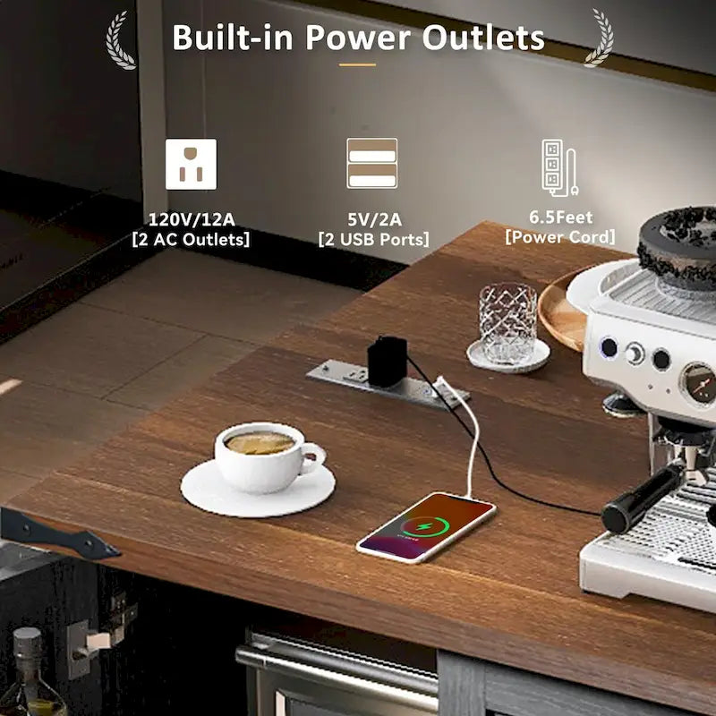 54.5 Farmhouse Kitchen Island with Power Outlet, Internal Storage Rack, Drop-Leaf Tabletop, Spice Rack, Rolling Cart On Wheels