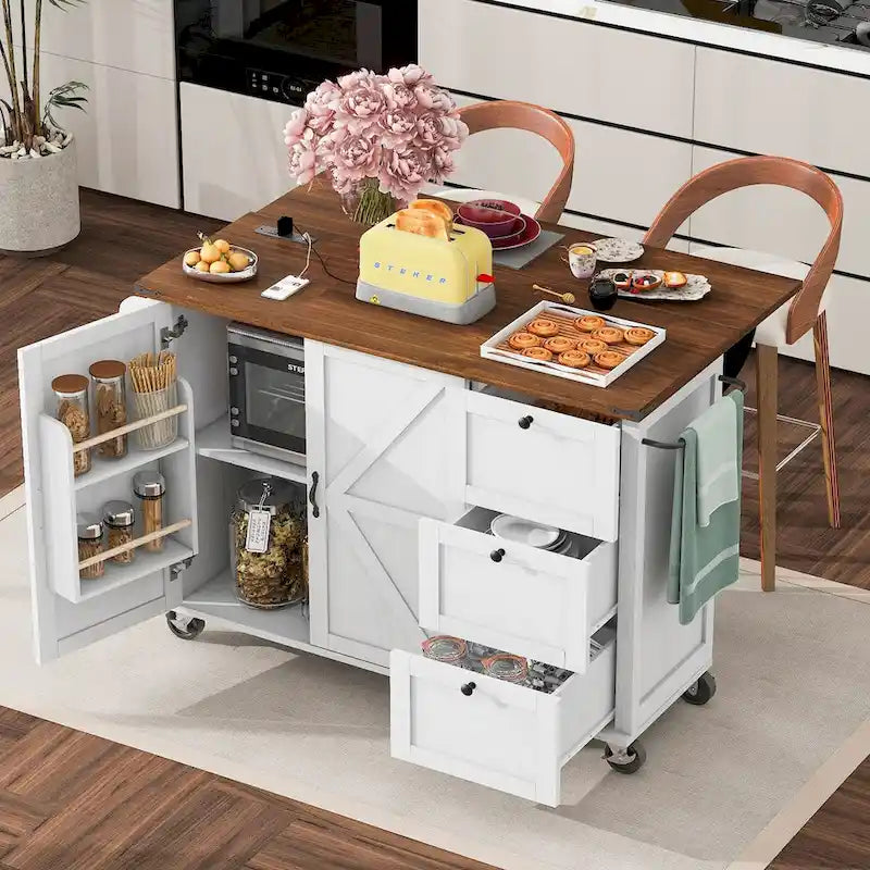 54.5 Farmhouse Kitchen Island with Power Outlet, Internal Storage Rack, Drop-Leaf Tabletop, Spice Rack, Rolling Cart On Wheels