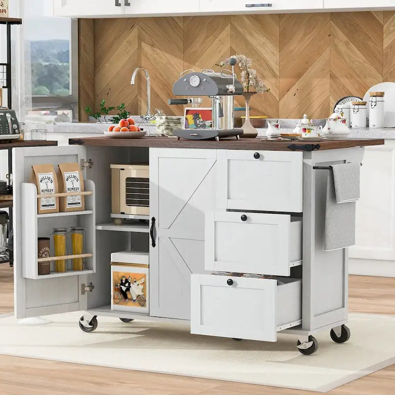 54.5 Farmhouse Kitchen Island with Power Outlet, Internal Storage Rack, Drop-Leaf Tabletop, Spice Rack, Rolling Cart On Wheels