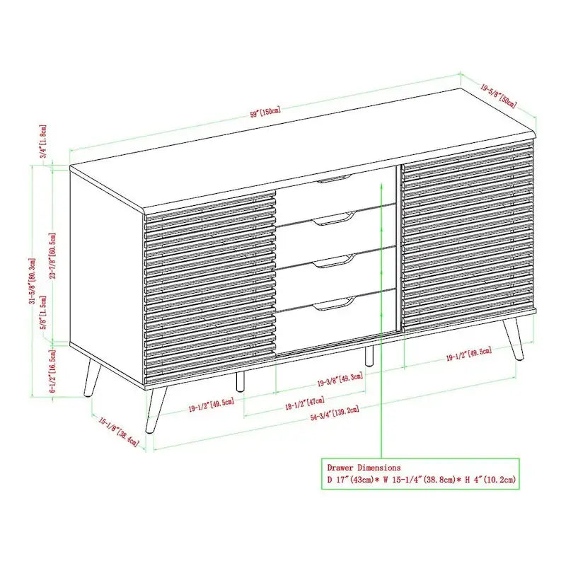 59 Modern Sideboard Storage Cabinet TV Stand with 4 Drawers and 2 Sliding Doors