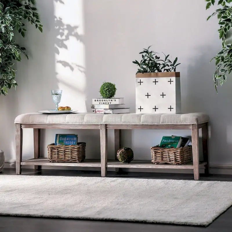 Wooden Bench with Button Tufted Seat