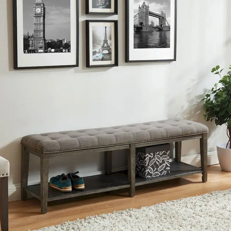 Wooden Bench with Button Tufted Seat