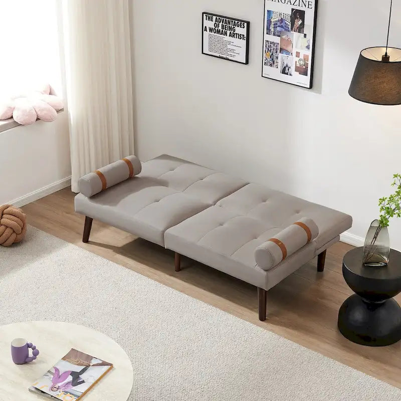 Convertible Sofa Bed Futon with Solid Wood Legs Linen Fabric Musterd Green