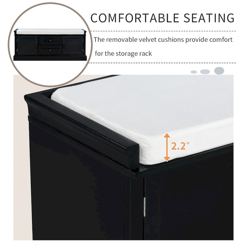 Storage Shoes Bench with 2 Drawers, 2 Cabinets and Removable Cushion