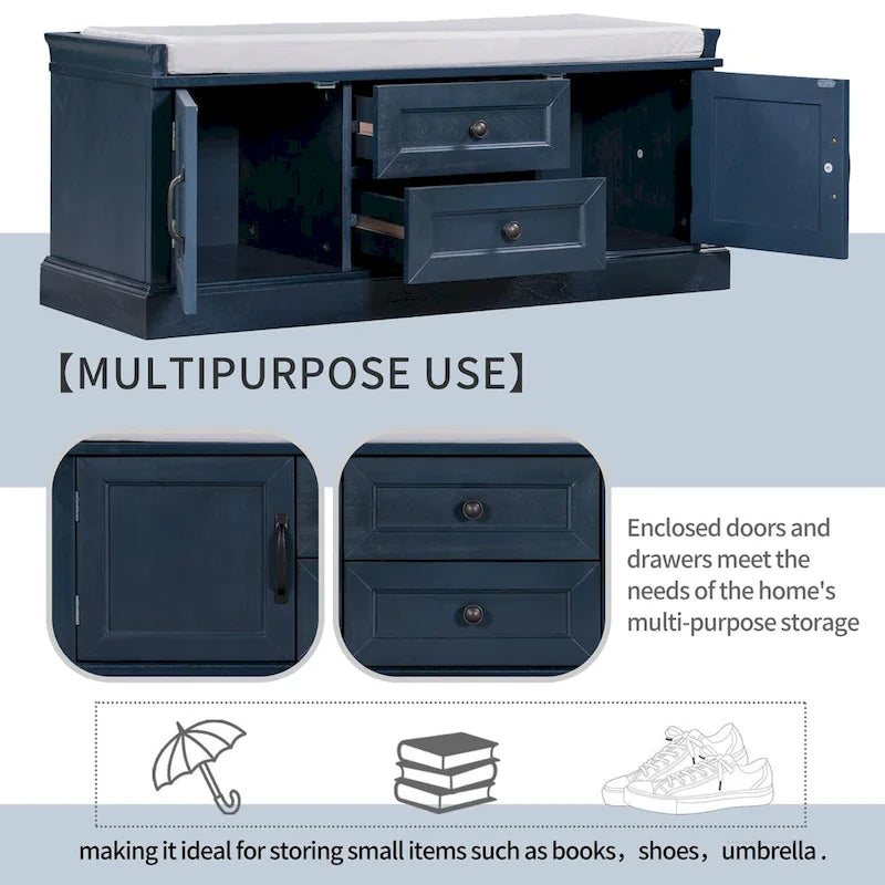 Storage Shoes Bench with 2 Drawers, 2 Cabinets and Removable Cushion