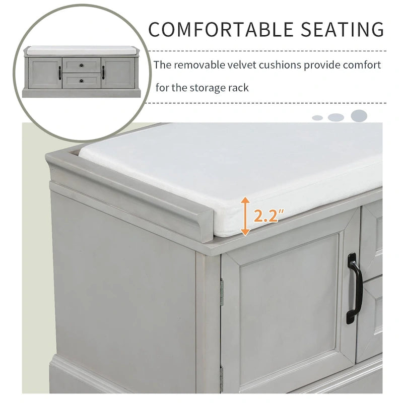 Storage Shoes Bench with 2 Drawers, 2 Cabinets and Removable Cushion