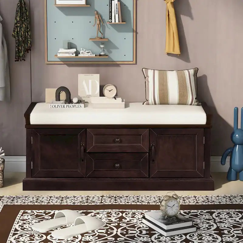 Storage Shoes Bench with 2 Drawers, 2 Cabinets and Removable Cushion
