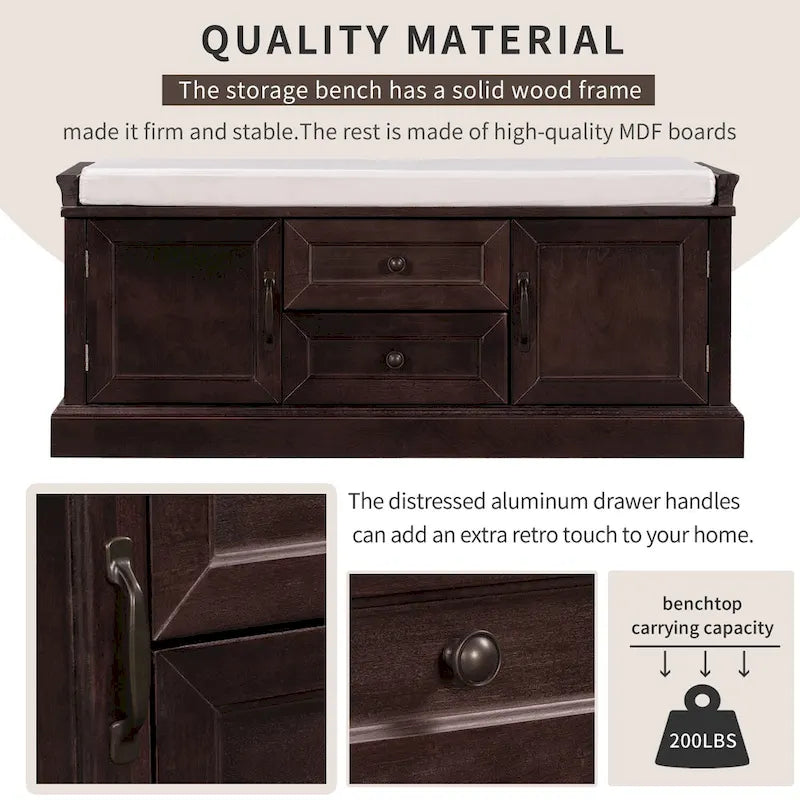Storage Shoes Bench with 2 Drawers, 2 Cabinets and Removable Cushion
