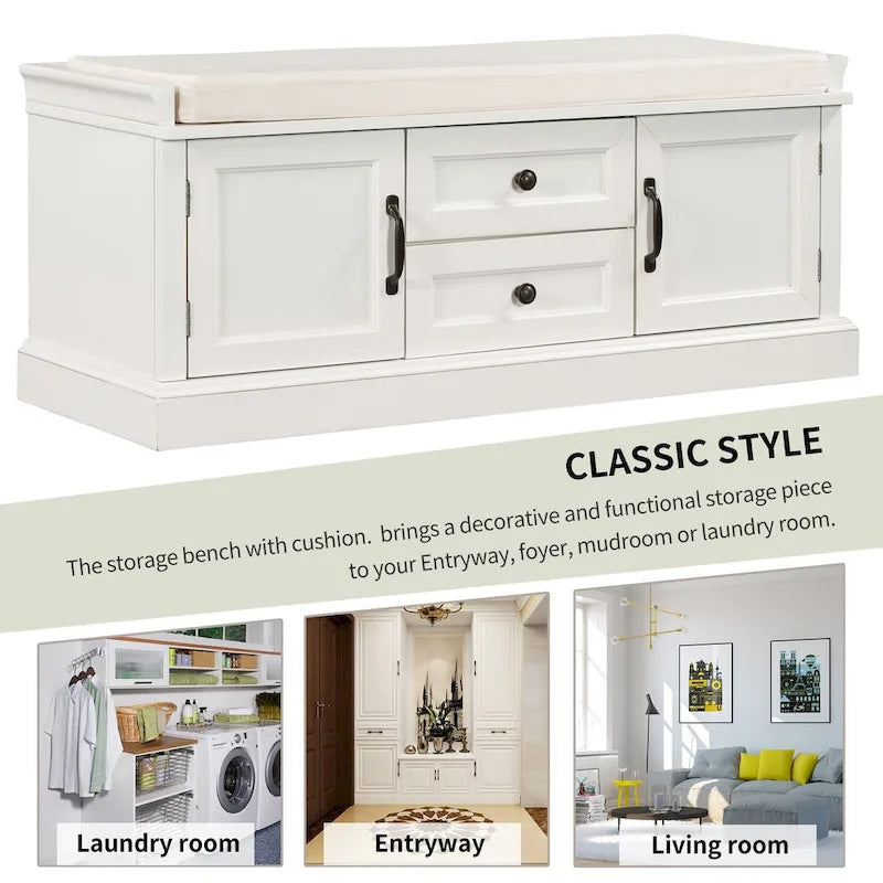 Storage Shoes Bench with 2 Drawers, 2 Cabinets and Removable Cushion