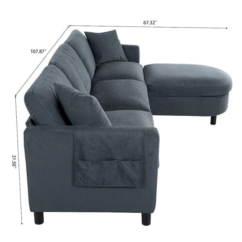 108 Modern Fabric Sectional Sofa with Ottoman and Pillows