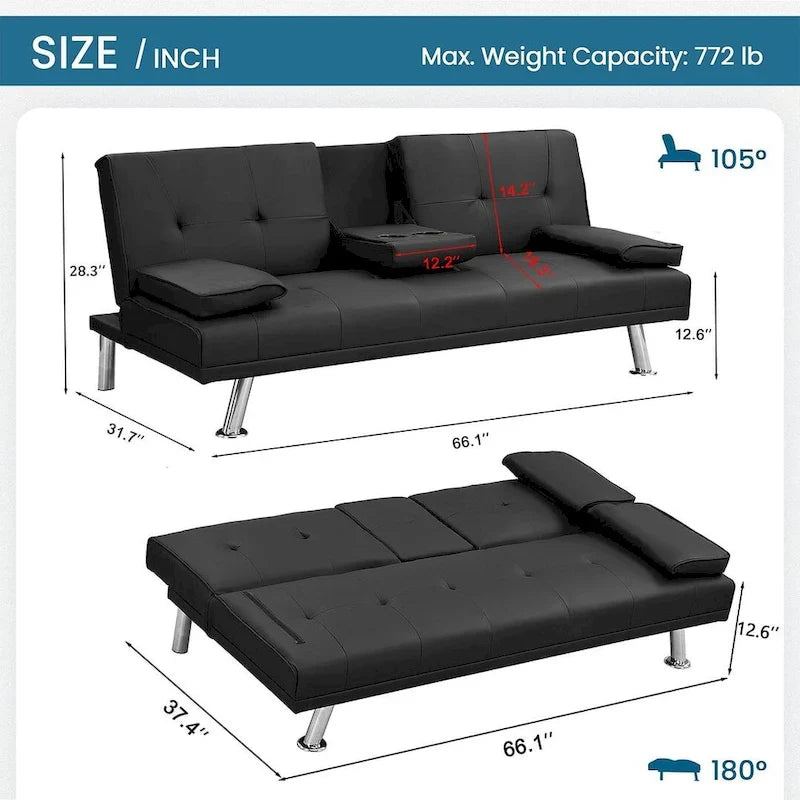 Modern Convertible Adjustable Sofa Bed - Faux Leather Recliner Double Sofa