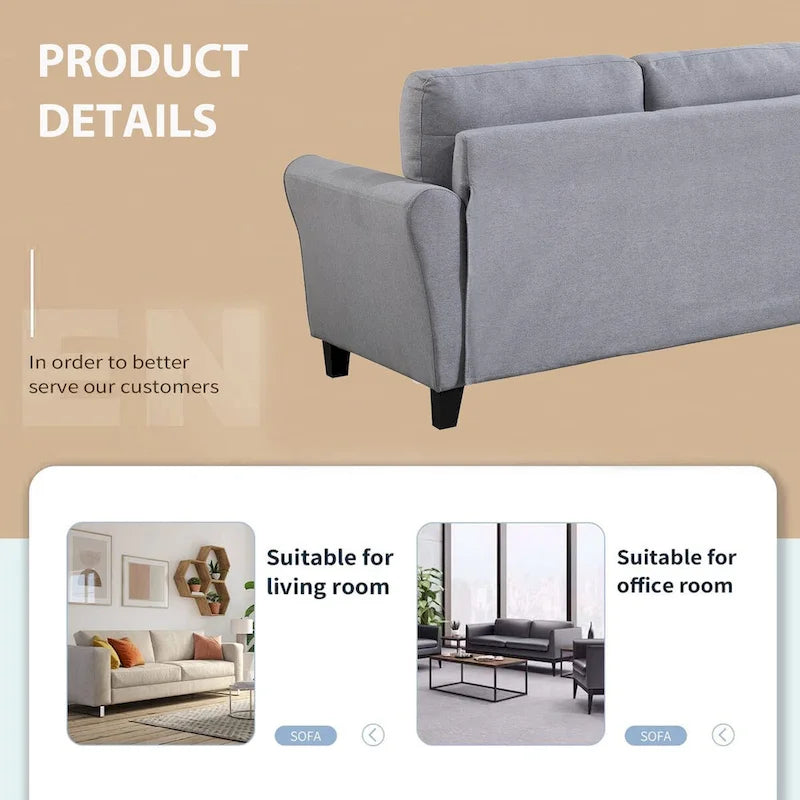 Light Grey-Blue Linen Upholstered Modern 3-Seat Sofa, Comfortable Cushion