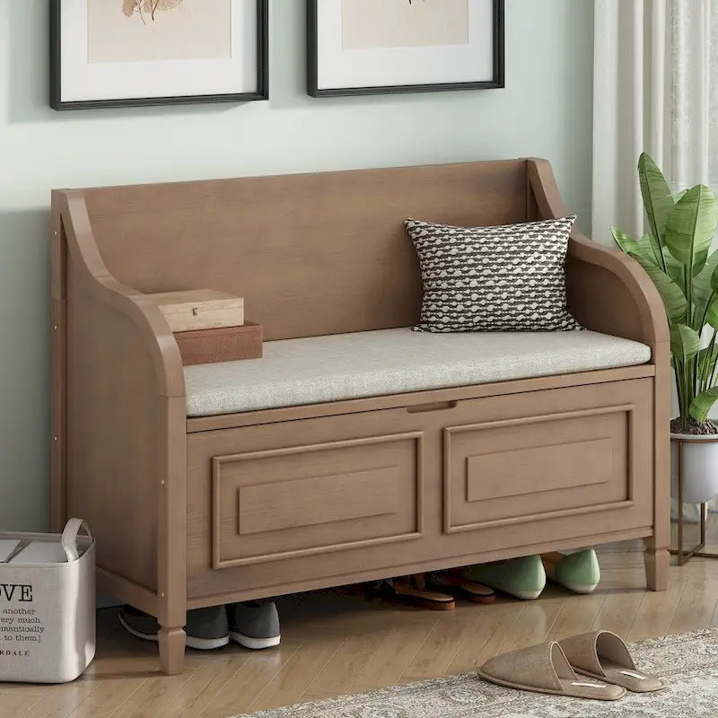 Nestfair Rustic Style Solid wood Entryway Multifunctional Storage Bench with Safety Hinge
