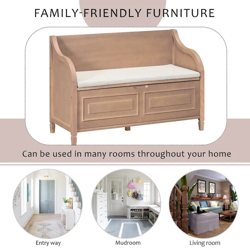 Nestfair Rustic Style Solid wood Entryway Multifunctional Storage Bench with Safety Hinge