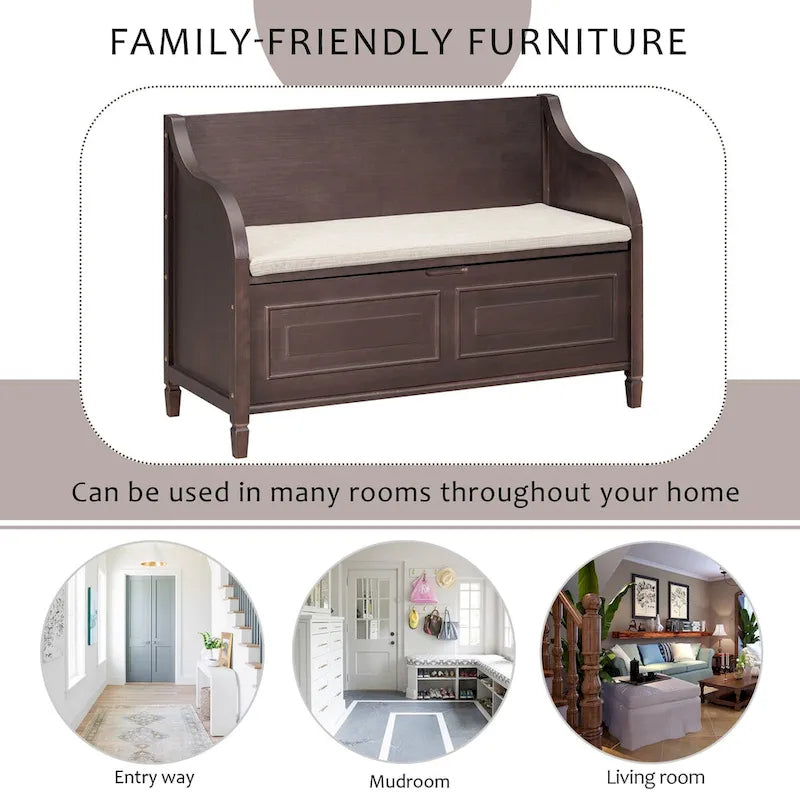 Nestfair Rustic Style Solid wood Entryway Multifunctional Storage Bench with Safety Hinge