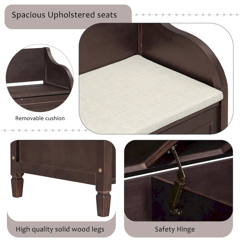 Nestfair Rustic Style Solid wood Entryway Multifunctional Storage Bench with Safety Hinge