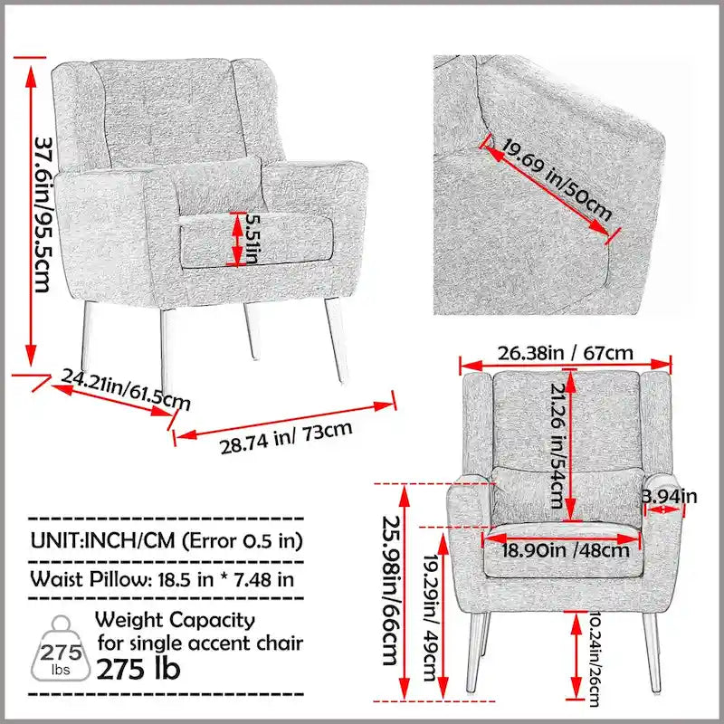 Mid-Century Modern Accent Chair with Waist Cushion, Set of 1