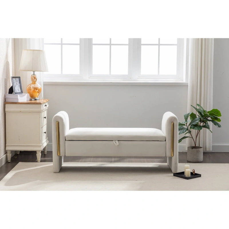 Velvet Fabric Storage Bench Bedroom Bench With Gold Metal Trim Strip For Living Room Bedroom Indoor