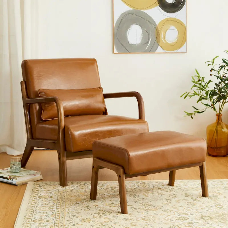 Glitzhome 24.5W Leatherette Accent Stool With Walnut Rubberwood Legs