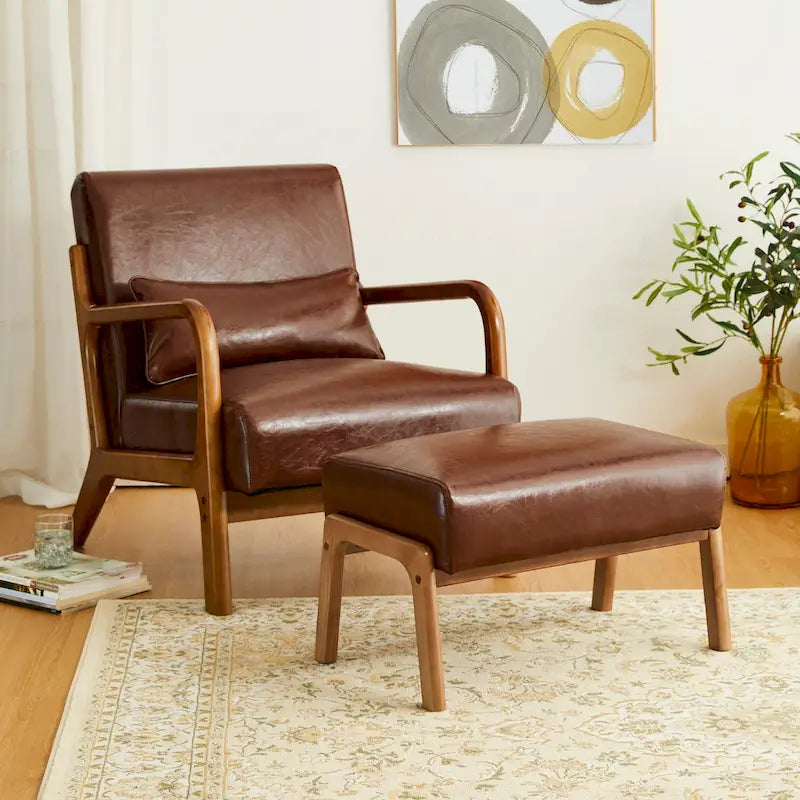 Glitzhome 24.5W Leatherette Accent Stool With Walnut Rubberwood Legs