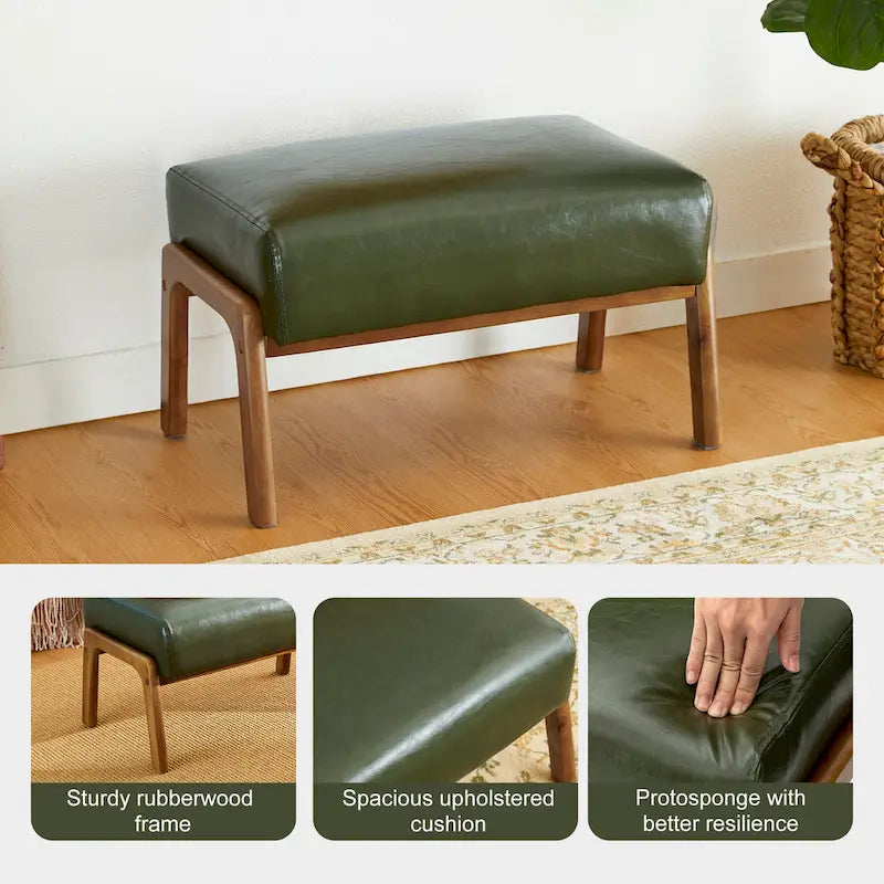 Glitzhome 24.5W Leatherette Accent Stool With Walnut Rubberwood Legs