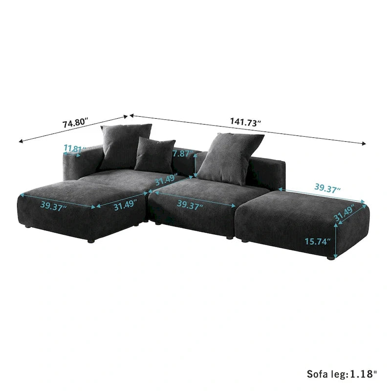 L-shaped Modular Sectional Sofa Corduroy Upholstered Couch with Chaise Ottoman and 3 pillows
