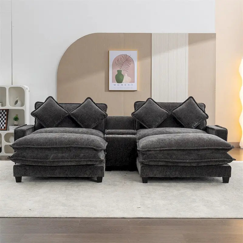 112.6 Chenille Upholstered Sectional Sofa with Two Removable Ottoman