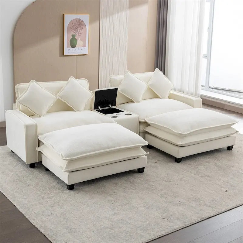 112.6 Chenille Upholstered Sectional Sofa with Two Removable Ottoman