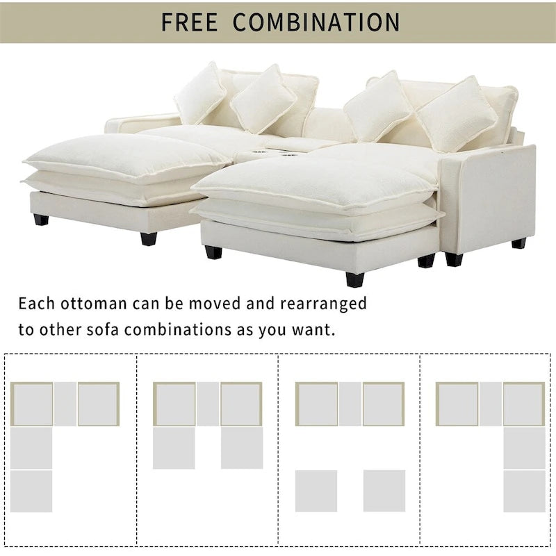 112.6 Chenille Upholstered Sectional Sofa with Two Removable Ottoman